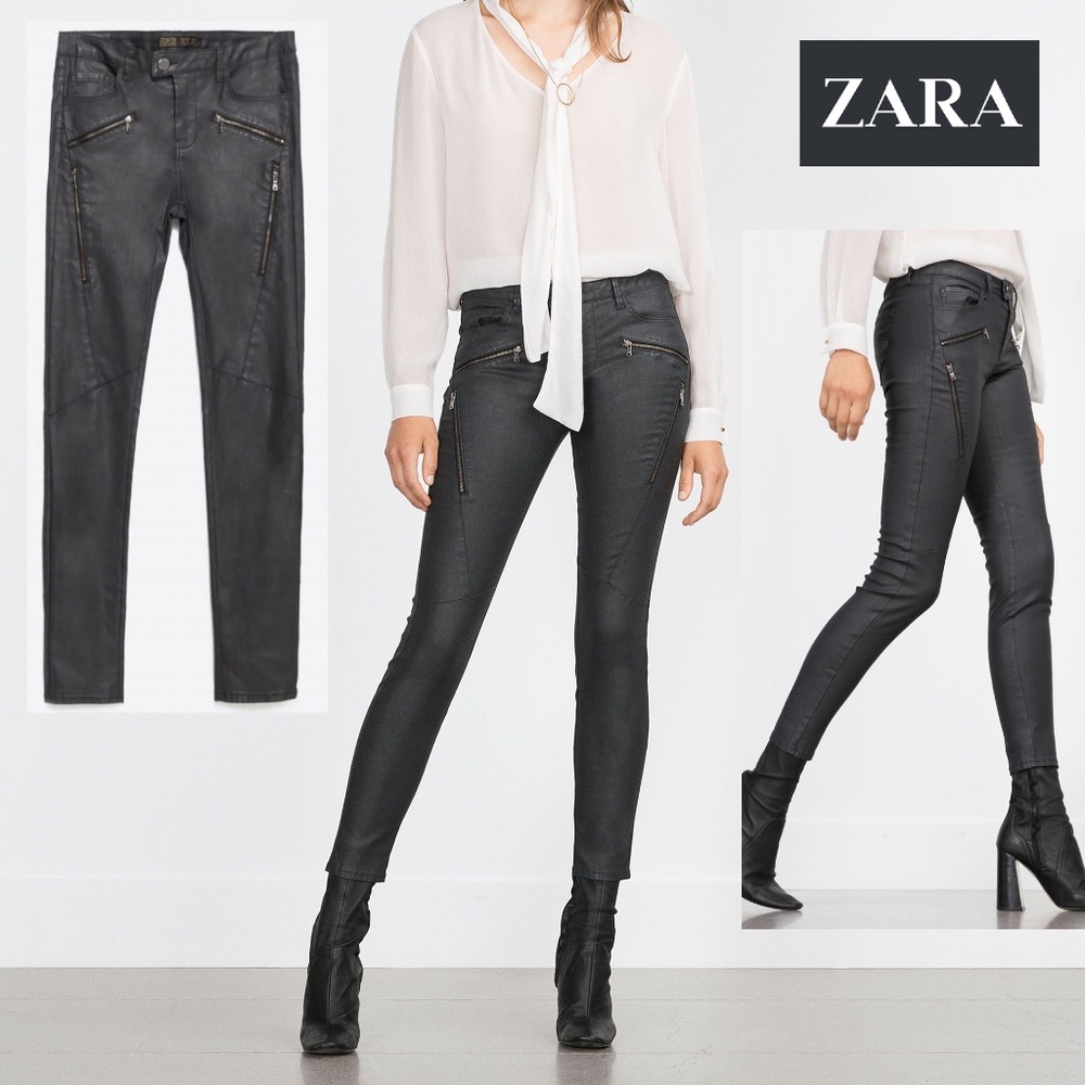 ZARA Moto Biker Black Coated Skinny Jeans